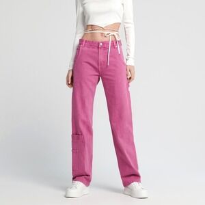 Sinsay Denim Carpenter‎ Wide Leg Pink Jeans Utility Pants 6 Baggy Festival Femme